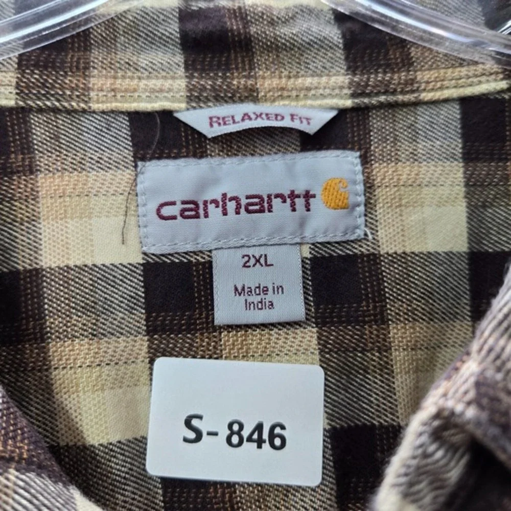 Carhartt Men Button Up Shirt 2XL Beige Plaid Flannel Relaxed‎ Fit Rugged Flex